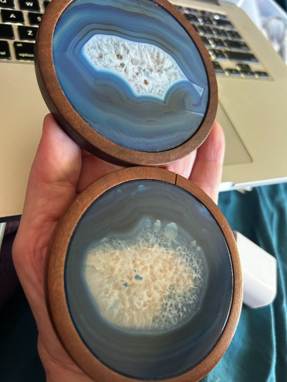 BEAUTIFUL  BLUE GEODE CRYSTAL AND WOOD COASTERS